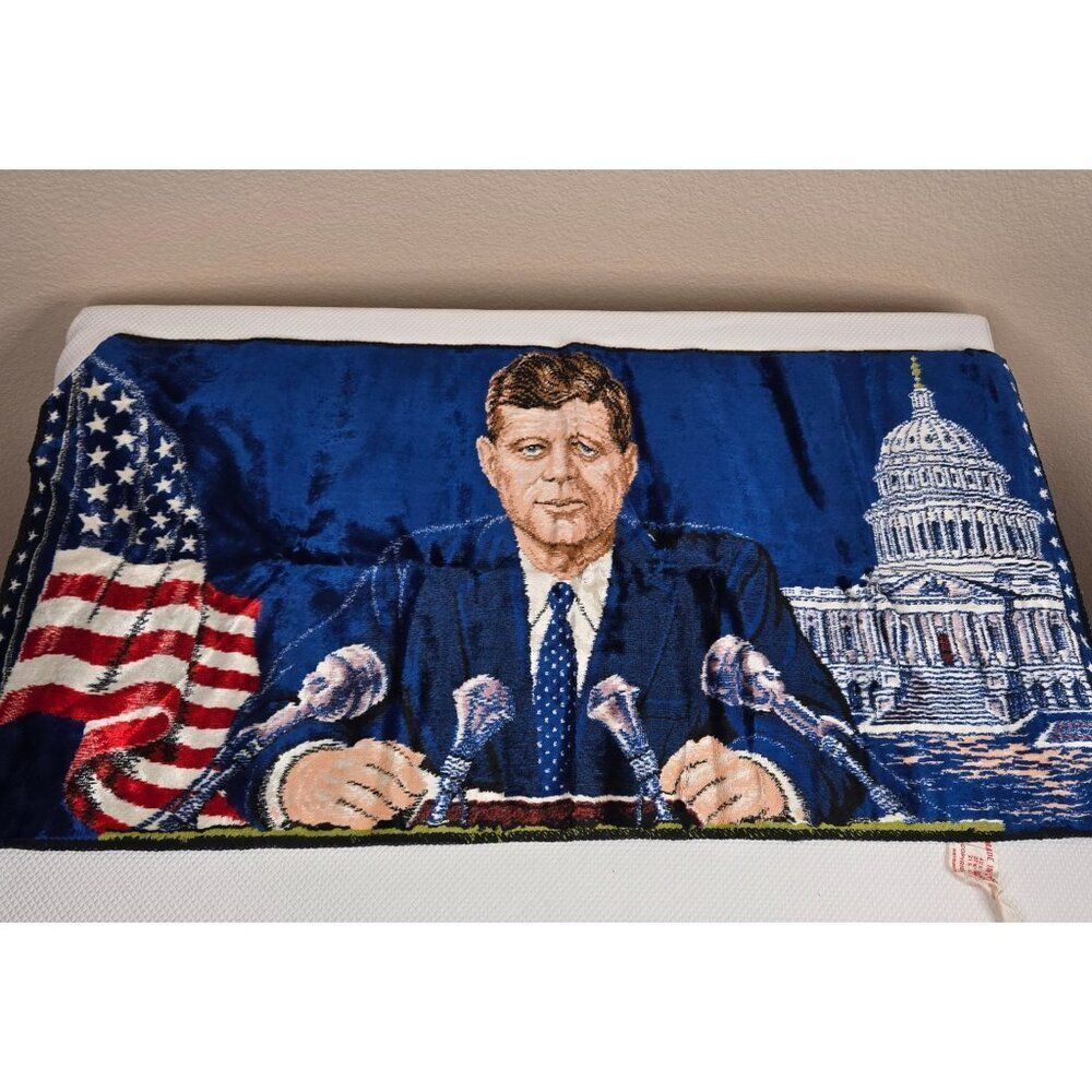 Vintage 1965 JFK Tapestry Wall Hanging 38x20 Inches Capitol Flag Made In Italy